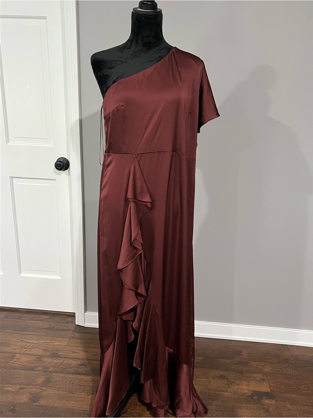 Express One-Shoulder Ruffled Satin Gown in Burgundy